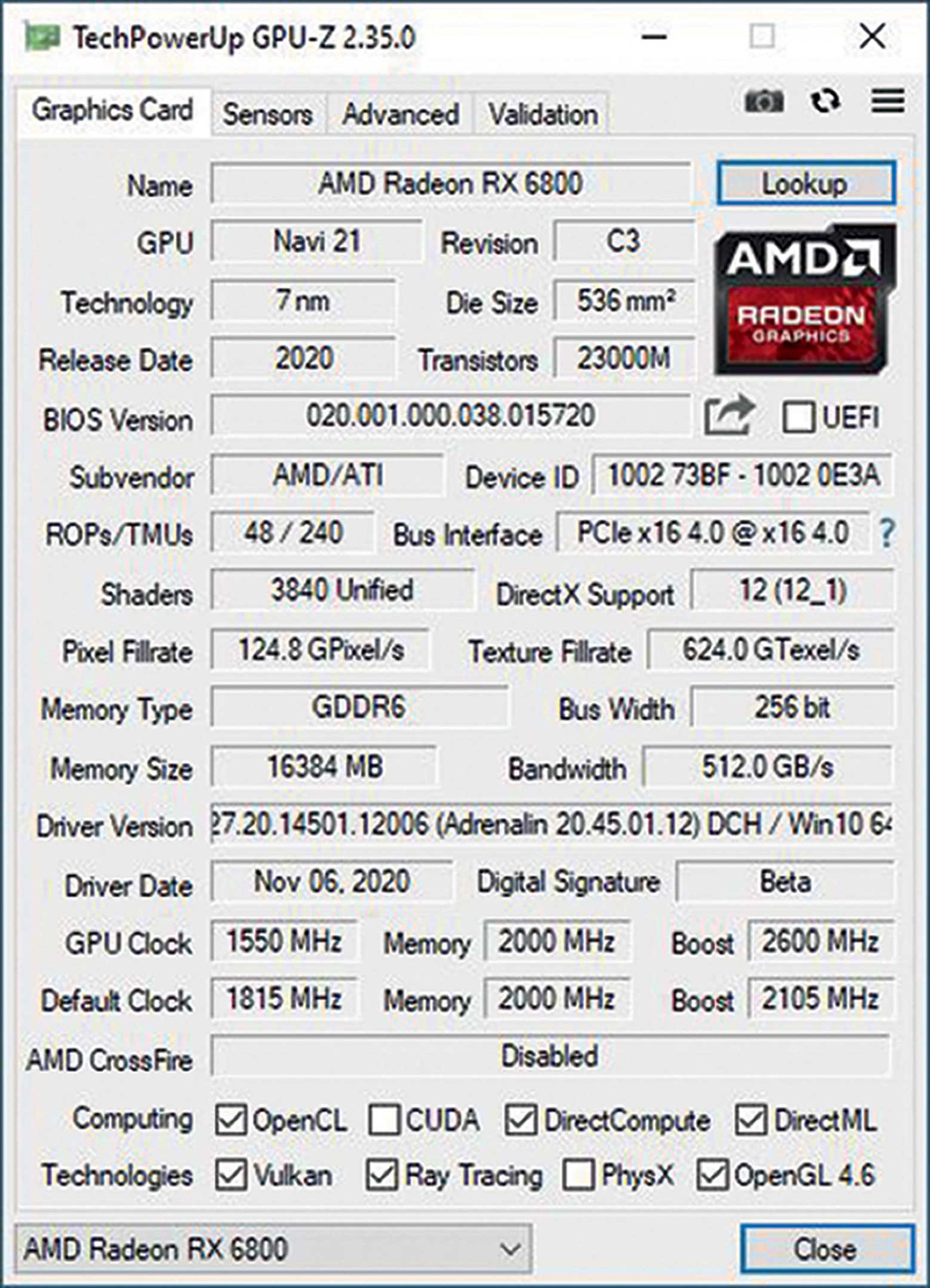 rx6800 boost 2600 mhz